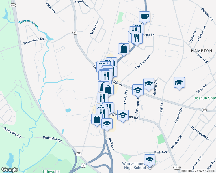 map of restaurants, bars, coffee shops, grocery stores, and more near 6 Swain Court in Hampton