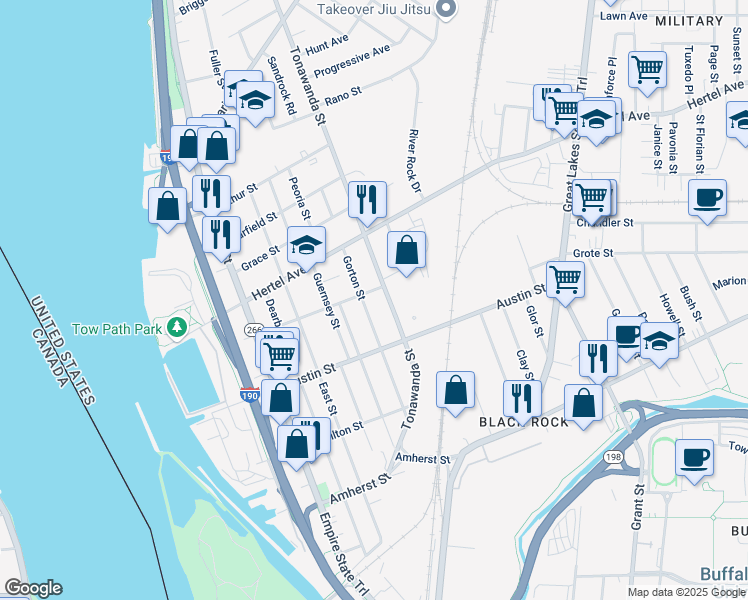 map of restaurants, bars, coffee shops, grocery stores, and more near 181 Gorton Street in Buffalo