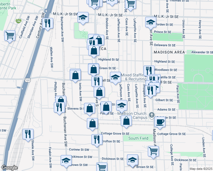 map of restaurants, bars, coffee shops, grocery stores, and more near 1235 Euclid Avenue Southeast in Grand Rapids