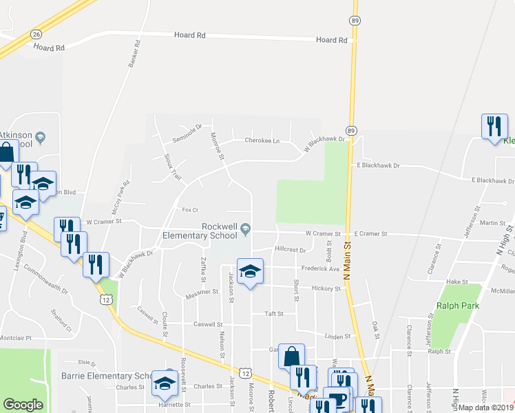 map of restaurants, bars, coffee shops, grocery stores, and more near 906 Monroe Street in Fort Atkinson