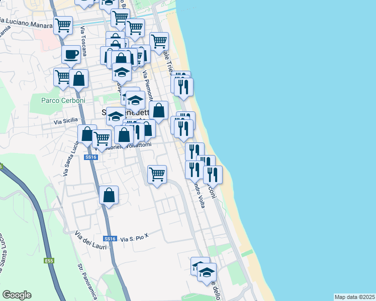 map of restaurants, bars, coffee shops, grocery stores, and more near 43 Via Marco Tullio Cicerone in San Benedetto del Tronto