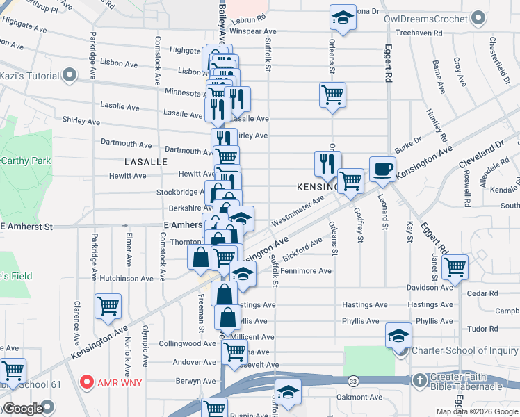 map of restaurants, bars, coffee shops, grocery stores, and more near 756 East Amherst Street in Buffalo