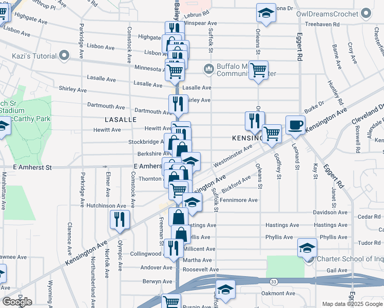 map of restaurants, bars, coffee shops, grocery stores, and more near 700 East Amherst Street in Buffalo