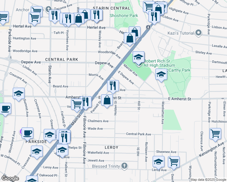 map of restaurants, bars, coffee shops, grocery stores, and more near 35 East Morris Avenue in Buffalo