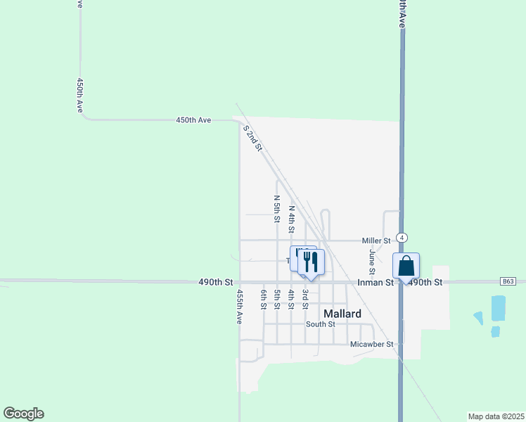 map of restaurants, bars, coffee shops, grocery stores, and more near 4853-4869 455th Avenue in Mallard