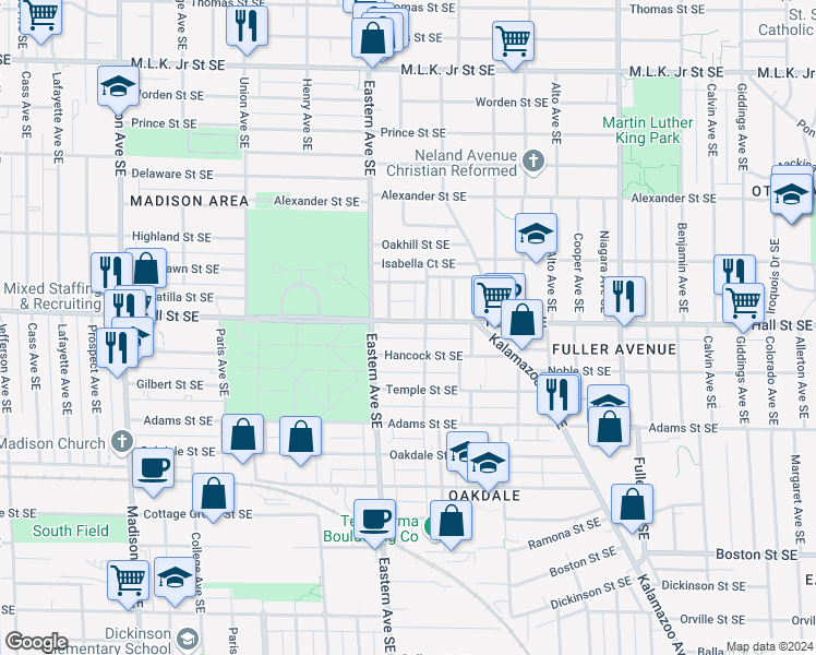 map of restaurants, bars, coffee shops, grocery stores, and more near 834 Hall Street Southeast in Grand Rapids