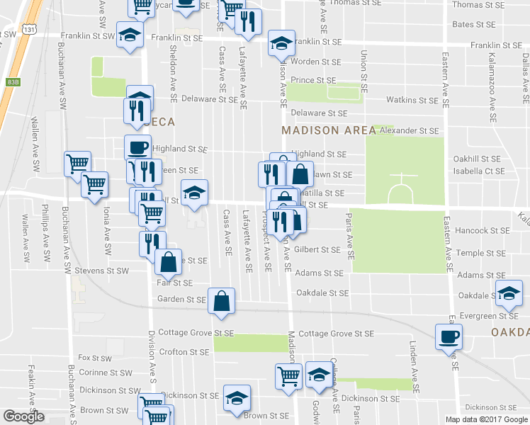 map of restaurants, bars, coffee shops, grocery stores, and more near 1401 Prospect Avenue Southeast in Grand Rapids