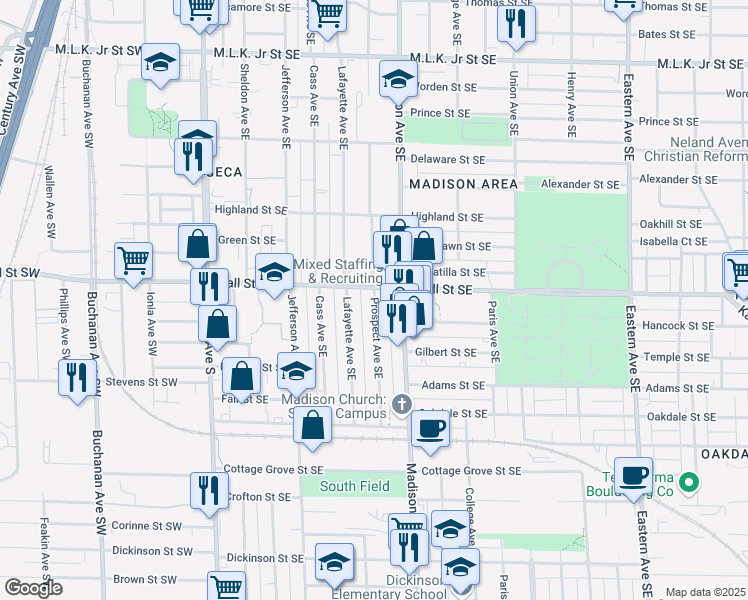map of restaurants, bars, coffee shops, grocery stores, and more near 1401 Prospect Avenue Southeast in Grand Rapids