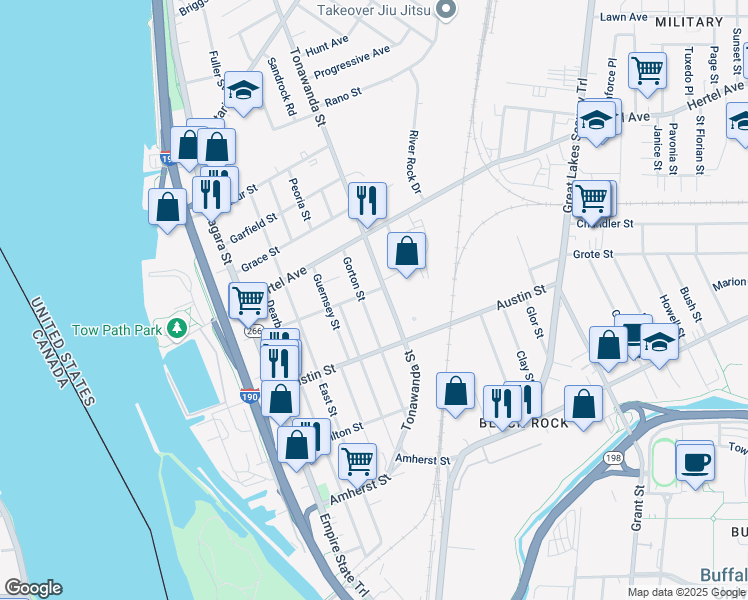 map of restaurants, bars, coffee shops, grocery stores, and more near 181 Gorton Street in Buffalo