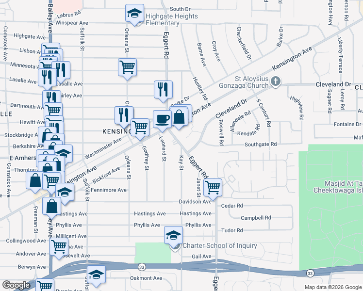 map of restaurants, bars, coffee shops, grocery stores, and more near Eggert Road & Kay Street in Buffalo