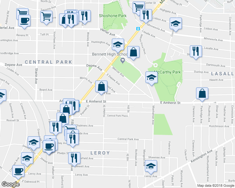 map of restaurants, bars, coffee shops, grocery stores, and more near 128 East Morris Avenue in Buffalo