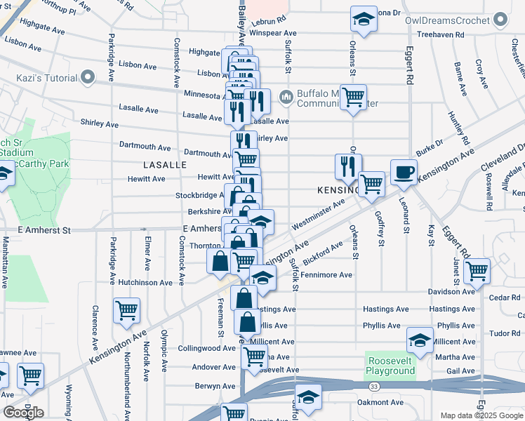 map of restaurants, bars, coffee shops, grocery stores, and more near 720 East Amherst Street in Buffalo