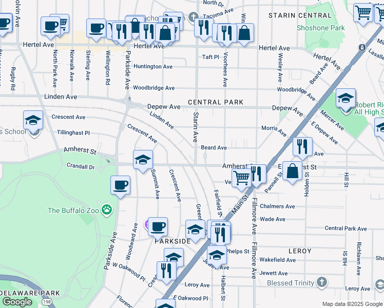 map of restaurants, bars, coffee shops, grocery stores, and more near 22 Starin Avenue in Buffalo