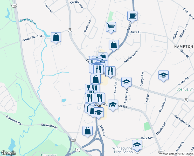 map of restaurants, bars, coffee shops, grocery stores, and more near 6 Swain Court in Hampton
