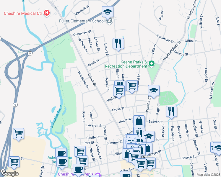 map of restaurants, bars, coffee shops, grocery stores, and more near 143 High Street in Keene