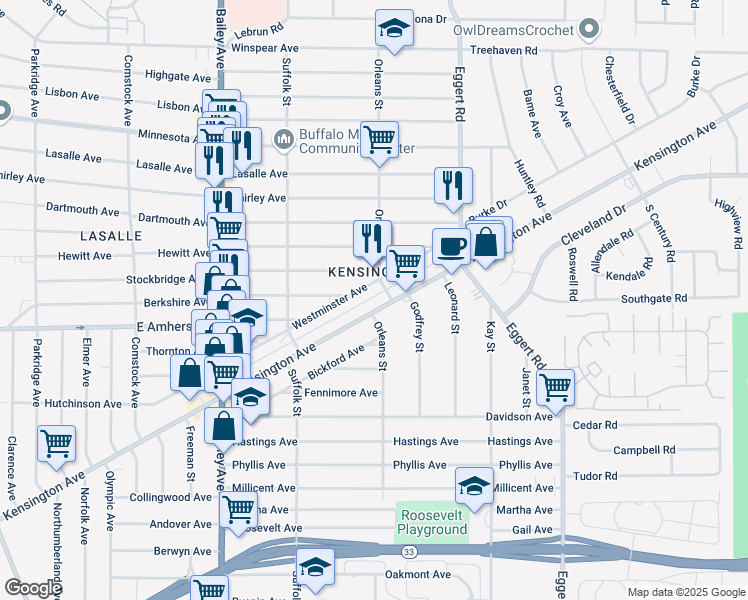 map of restaurants, bars, coffee shops, grocery stores, and more near 1313 Kensington Avenue in Buffalo