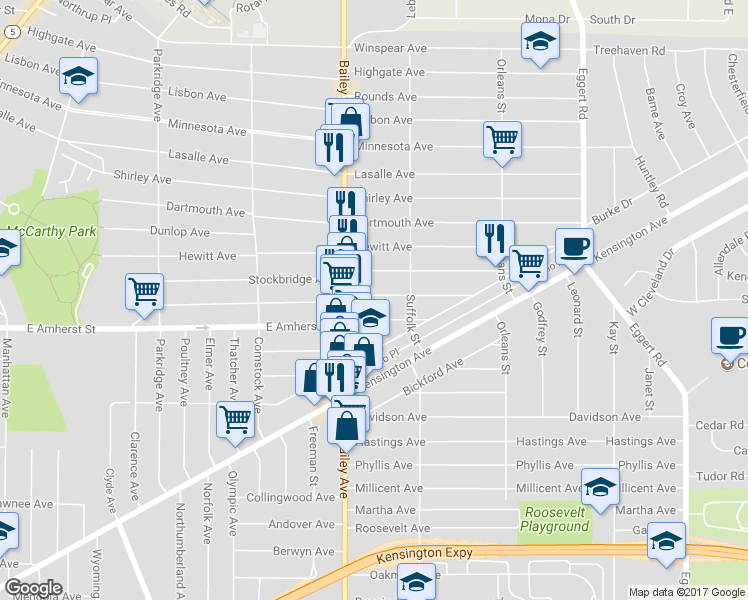 map of restaurants, bars, coffee shops, grocery stores, and more near 720 East Amherst Street in Buffalo