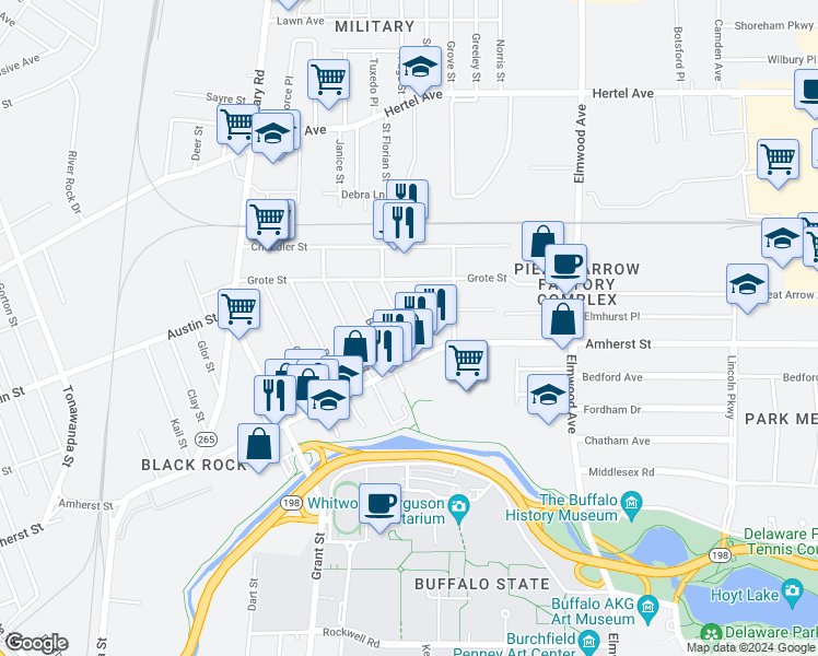 map of restaurants, bars, coffee shops, grocery stores, and more near 18 Reservation Street in Buffalo