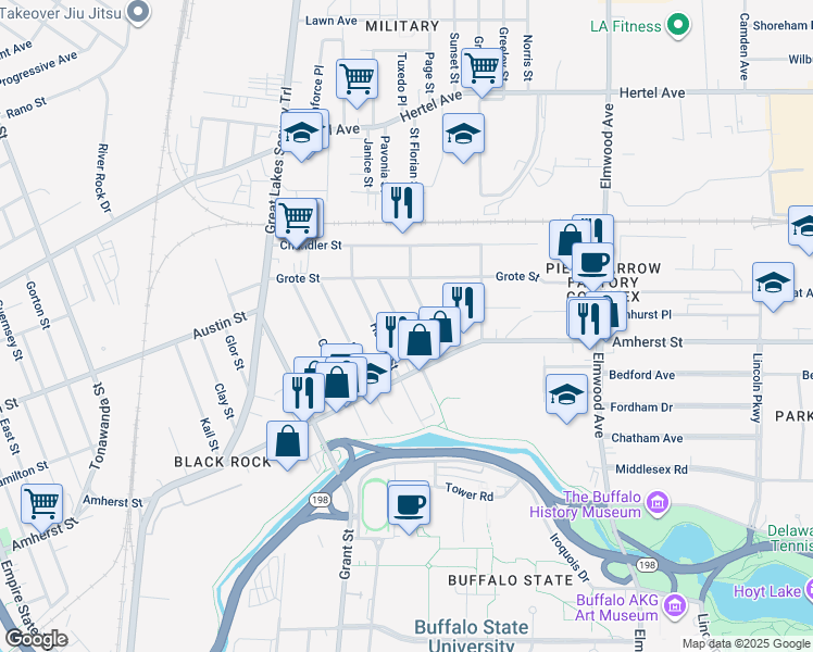 map of restaurants, bars, coffee shops, grocery stores, and more near 88 Bush Street in Buffalo