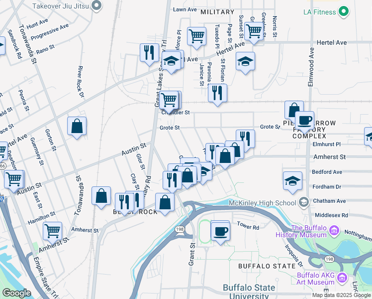 map of restaurants, bars, coffee shops, grocery stores, and more near 121 Germain Street in Buffalo