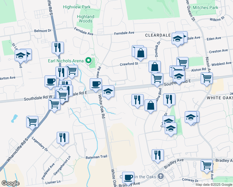map of restaurants, bars, coffee shops, grocery stores, and more near 104 Josselyn Drive in London