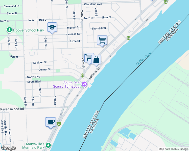 map of restaurants, bars, coffee shops, grocery stores, and more near 3568 Military Street in Port Huron