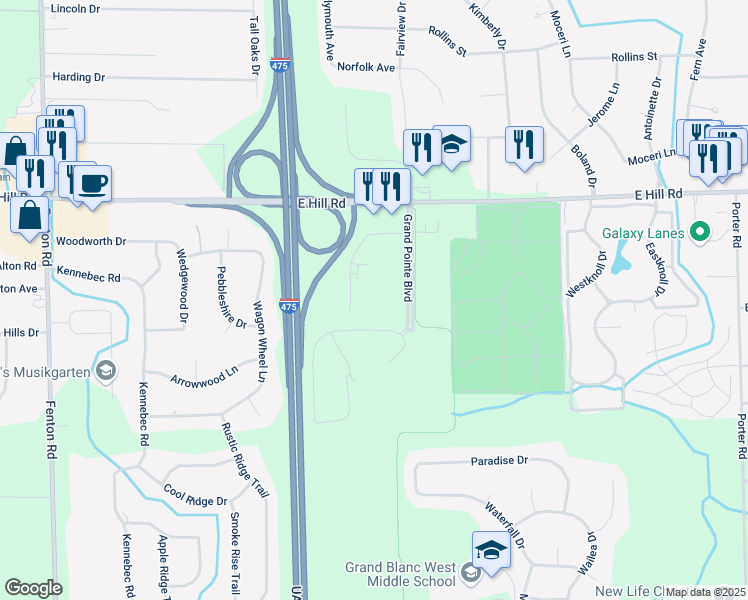 map of restaurants, bars, coffee shops, grocery stores, and more near 1330 Grand Pointe Court in Grand Blanc