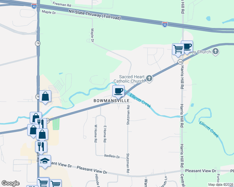 map of restaurants, bars, coffee shops, grocery stores, and more near 117 Stutzman Road in Bowmansville