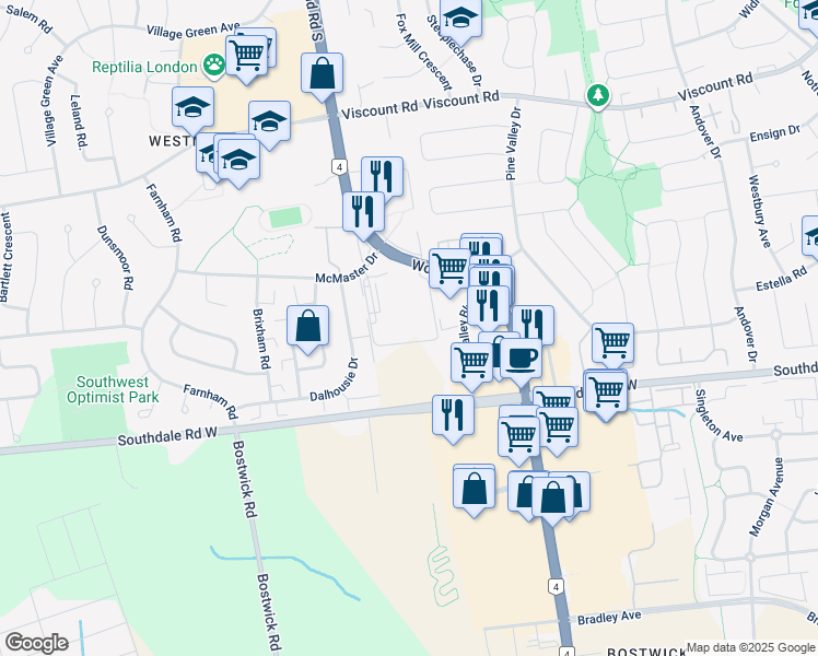 map of restaurants, bars, coffee shops, grocery stores, and more near 955 Wonderland Road South in London
