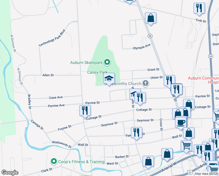 map of restaurants, bars, coffee shops, grocery stores, and more near 101 Pulaski Street in Auburn