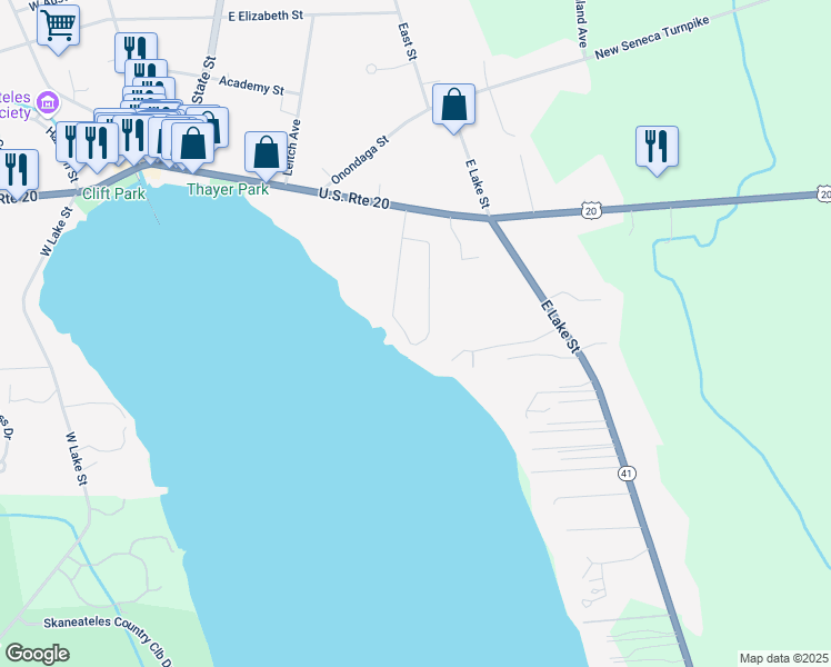 map of restaurants, bars, coffee shops, grocery stores, and more near 27 Lakeview Circle in Skaneateles