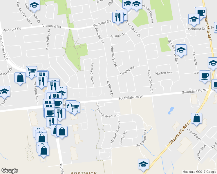 map of restaurants, bars, coffee shops, grocery stores, and more near 267 Pine Valley Drive in London