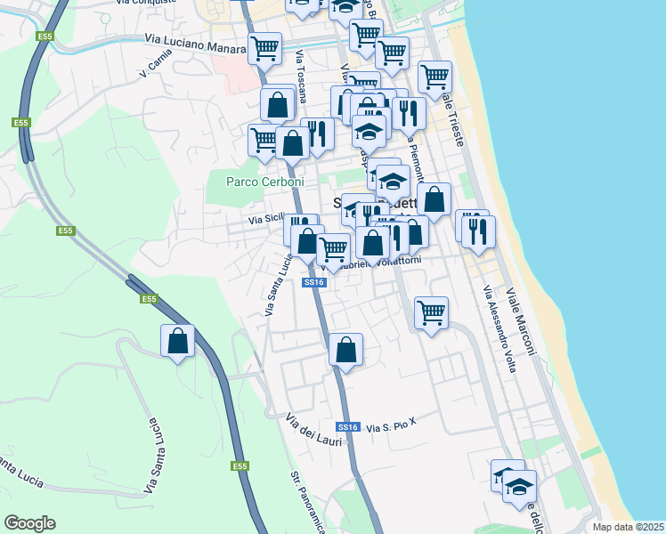 map of restaurants, bars, coffee shops, grocery stores, and more near 19 Via Silvio Pellico in San Benedetto del Tronto