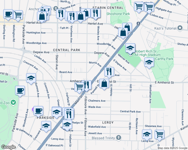 map of restaurants, bars, coffee shops, grocery stores, and more near 2700 Main Street in Buffalo