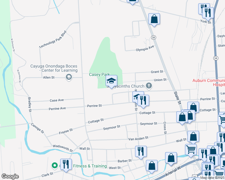 map of restaurants, bars, coffee shops, grocery stores, and more near 101 Pulaski Street in Auburn