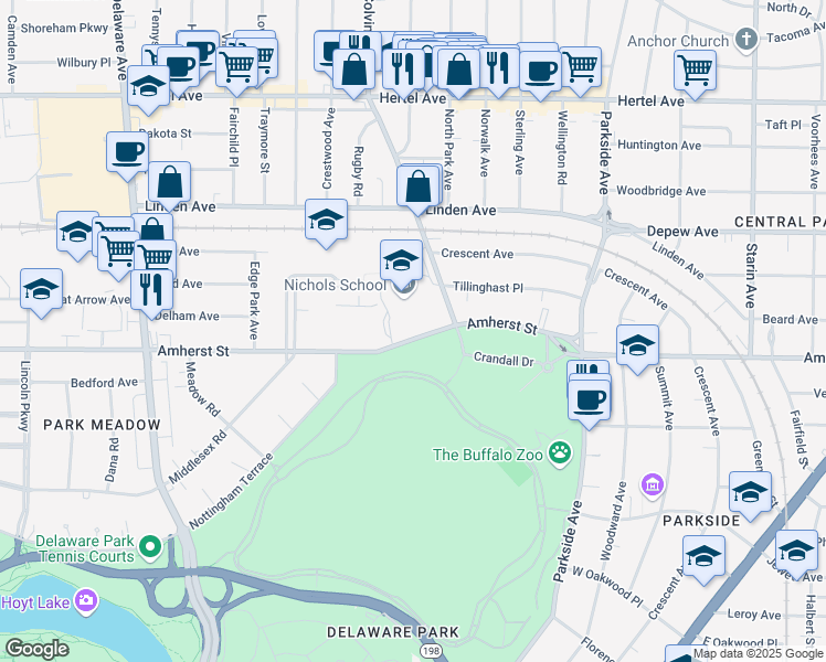 map of restaurants, bars, coffee shops, grocery stores, and more near 1250 Amherst Street in Buffalo