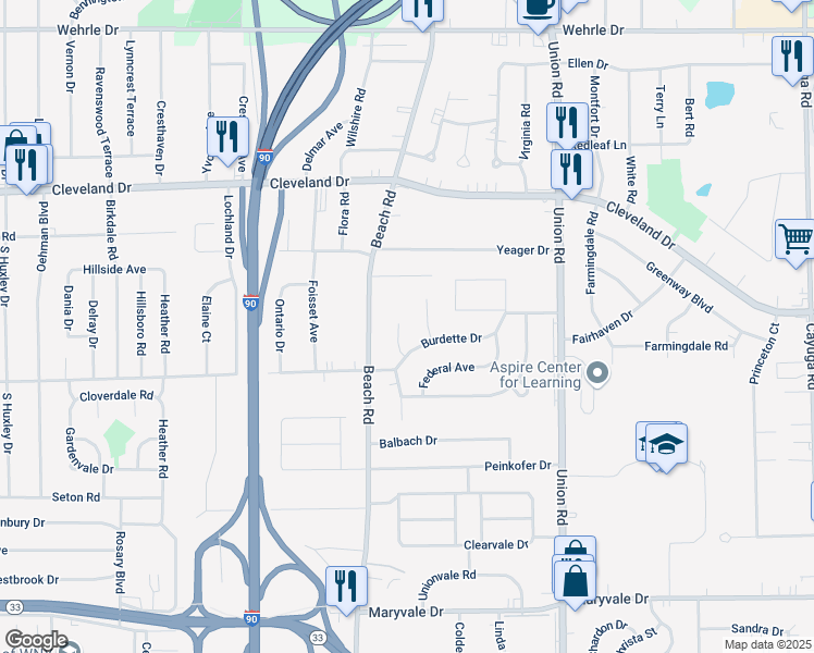 map of restaurants, bars, coffee shops, grocery stores, and more near 8 Burdette Drive in Buffalo