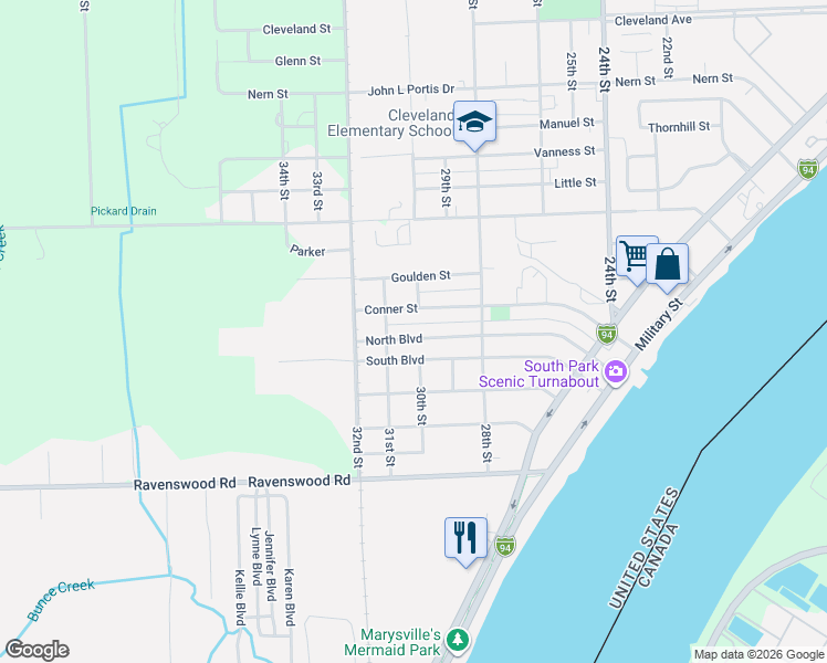 map of restaurants, bars, coffee shops, grocery stores, and more near 3020 South Boulevard in Port Huron