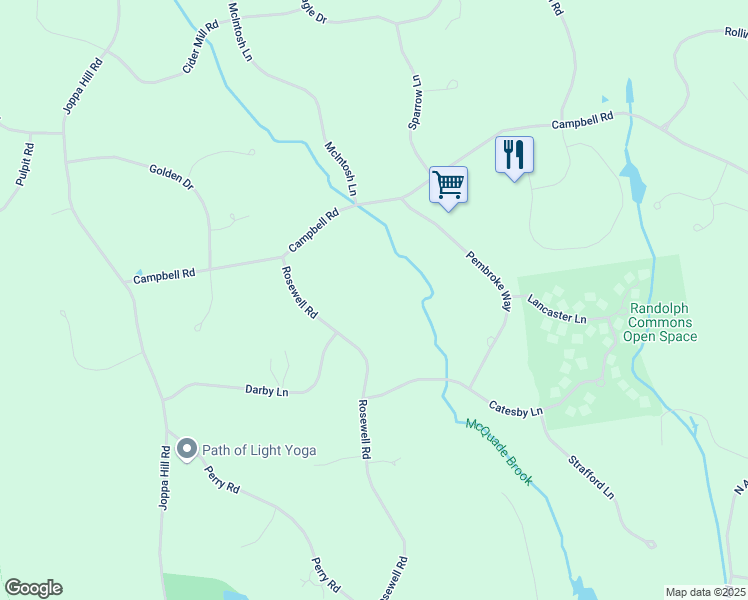map of restaurants, bars, coffee shops, grocery stores, and more near 69 Rosewell Road in Bedford