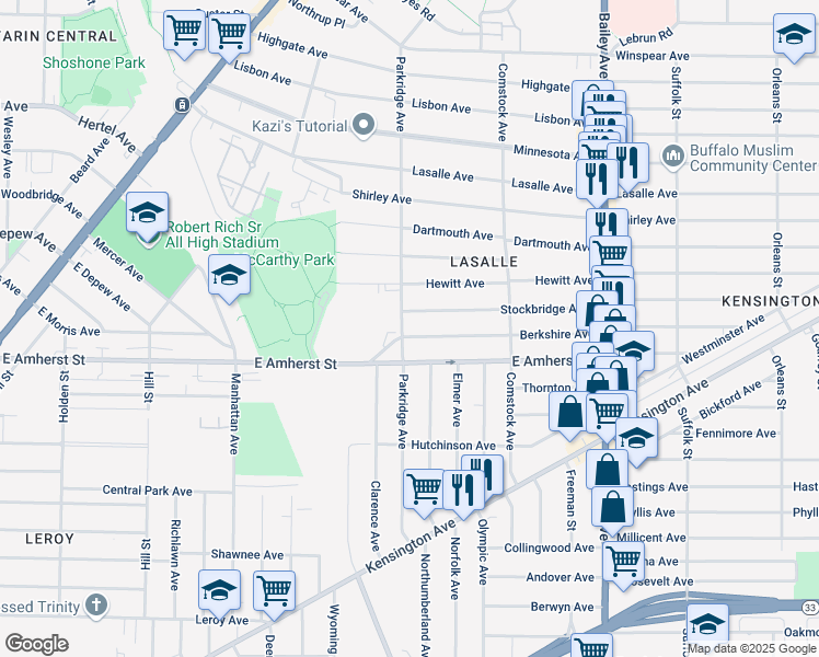 map of restaurants, bars, coffee shops, grocery stores, and more near 424 East Amherst Street in Buffalo