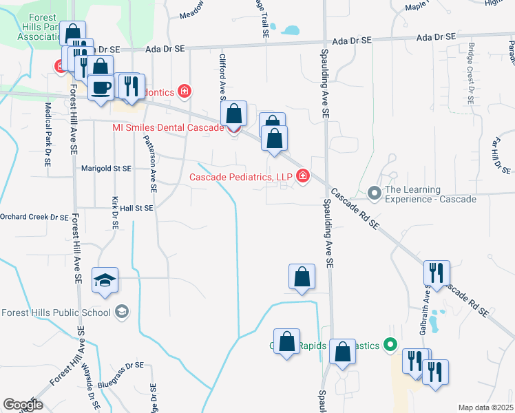map of restaurants, bars, coffee shops, grocery stores, and more near 5042 Cascade Road Southeast in Grand Rapids