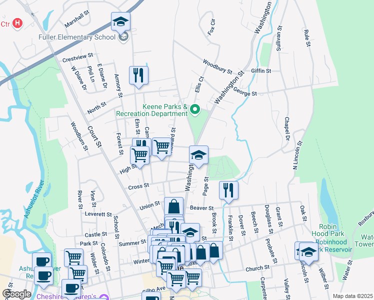 map of restaurants, bars, coffee shops, grocery stores, and more near 27 High Street in Keene
