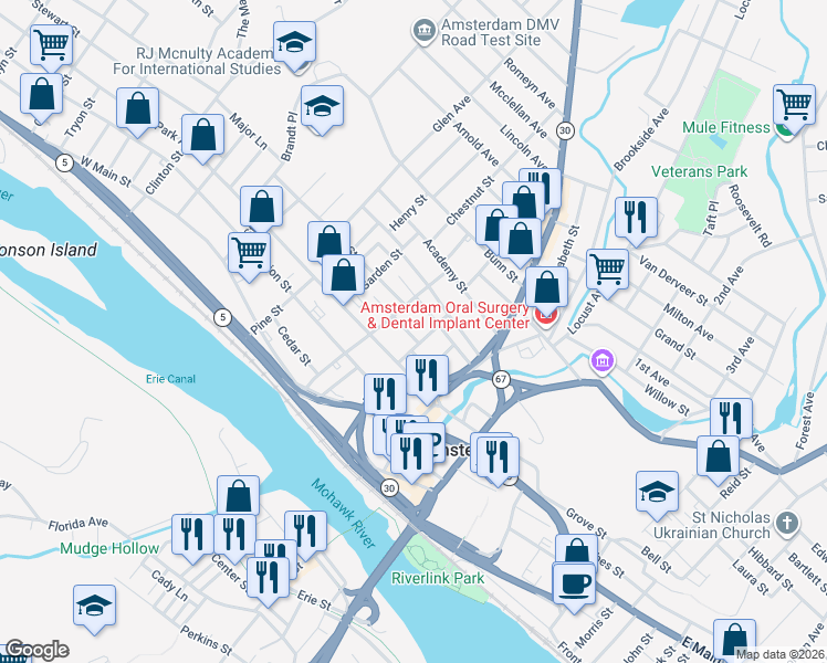 map of restaurants, bars, coffee shops, grocery stores, and more near 6 Kimball Street in Amsterdam