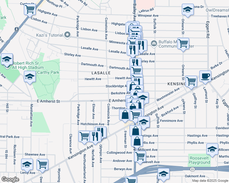 map of restaurants, bars, coffee shops, grocery stores, and more near 584 East Amherst Street in Buffalo