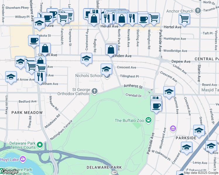 map of restaurants, bars, coffee shops, grocery stores, and more near 1250 Amherst Street in Buffalo