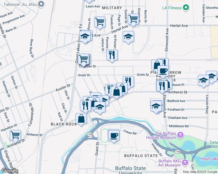 map of restaurants, bars, coffee shops, grocery stores, and more near 88 Bush Street in Buffalo