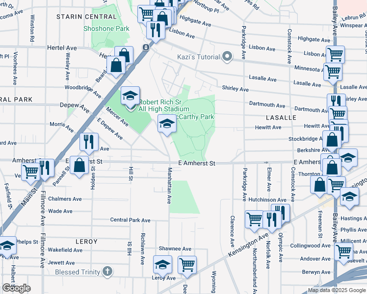map of restaurants, bars, coffee shops, grocery stores, and more near 280 East Amherst Street in Buffalo