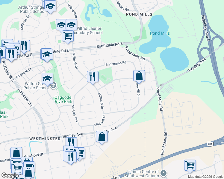 map of restaurants, bars, coffee shops, grocery stores, and more near 18 Rostherne Crescent in London