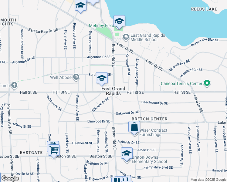 map of restaurants, bars, coffee shops, grocery stores, and more near in East Grand Rapids