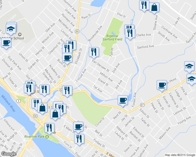 map of restaurants, bars, coffee shops, grocery stores, and more near 1st Ave & Grand St in Amsterdam